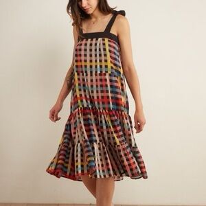 Carolina K Iris Cotton & Silk Shoulder Tie Midi Dress in Lo Plaid - Size Small